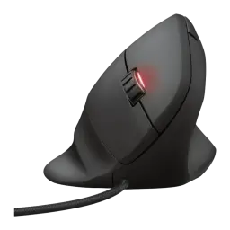 Trust Souris Gaming GXT 144 Rexx noir, vue frontale basse: molette avec éclairage rouge prononcé et câble tressé au premier