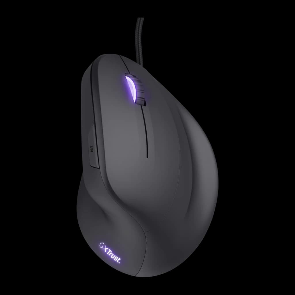 Trust GXT 144 Rexx Noir, vue latérale: souris ergonomique verticale avec éclairage RGB violet sur molette et logo