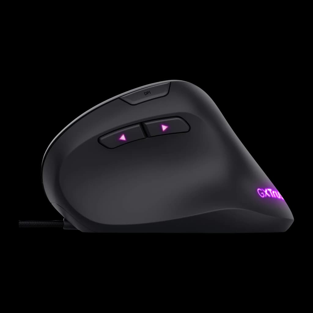 Trust GXT 144 Rexx noir, vue latérale droite: boutons de navigation et logo GXTrust avec éclairage RGB violet
