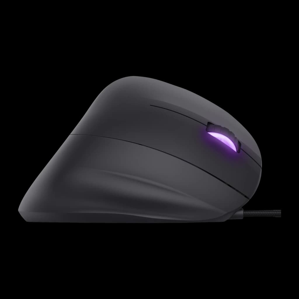 Trust GXT 144 Rexx noir, vue latérale: profil ergonomique vertical avec éclairage RGB violet sur la molette et câble tressé