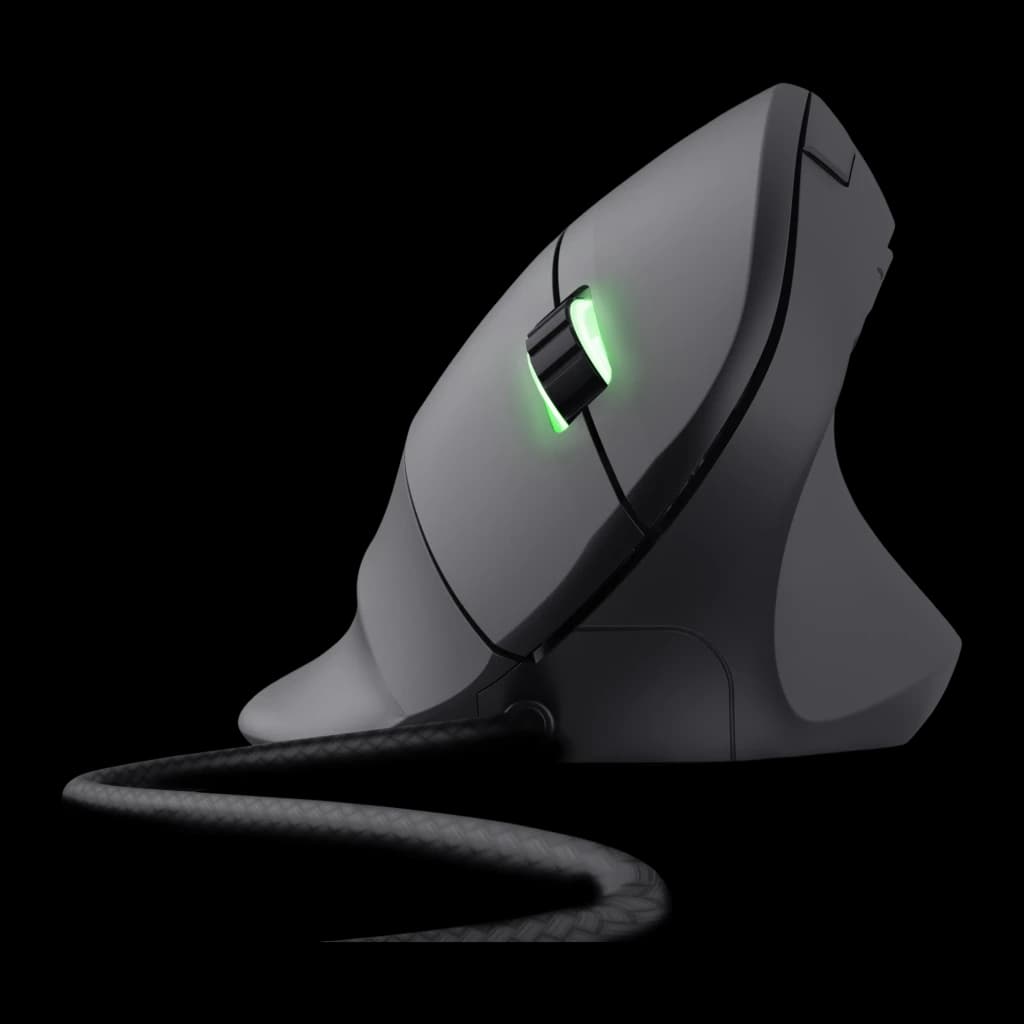 Trust Souris Gaming GXT 144 Rexx noir, vue latérale: design vertical ergonomique avec molette éclairée en vert et câble