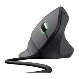 Trust Souris Gaming GXT 144 Rexx noir, vue latérale: design vertical ergonomique avec molette éclairée en vert et câble