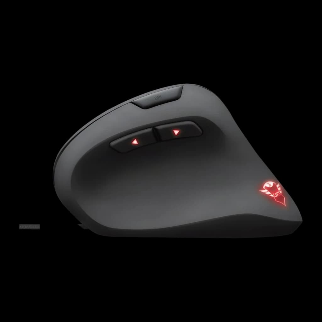 Trust Souris Gaming GXT 144 Rexx Noir, vue latérale: bouton DPI, flèches rouges éclairées et logo Trust rouge
