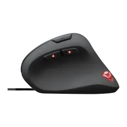 Trust Souris Gaming GXT 144 Rexx Noir, vue latérale: bouton DPI, flèches rouges éclairées et logo Trust rouge