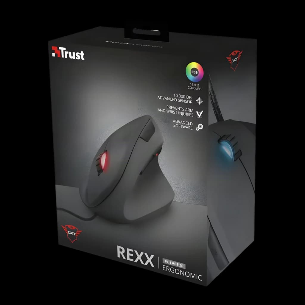 Trust Souris Gaming GXT 144 Rexx Noir, boîte: packaging en angle avec souris ergonomique verticale et spécifications RGB