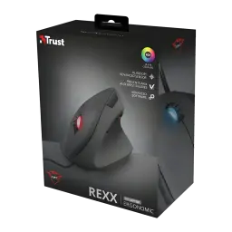 Trust Souris Gaming GXT 144 Rexx Noir, boîte: packaging en angle avec souris ergonomique verticale et spécifications RGB