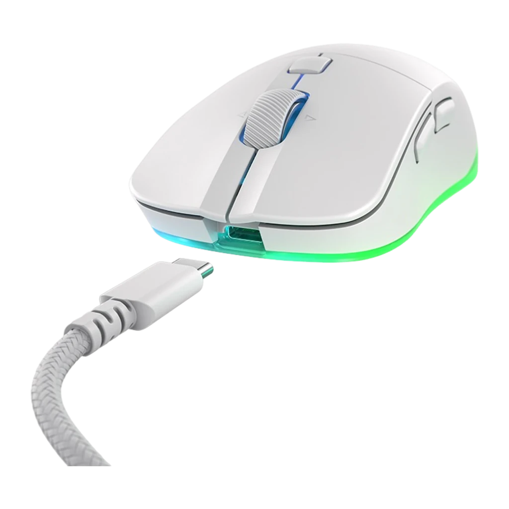 Cherry Xtrfy M50 Wireless blanc, vue dessus: molette texturée, bouton DPI et RGB violet sur la base - Ítem1