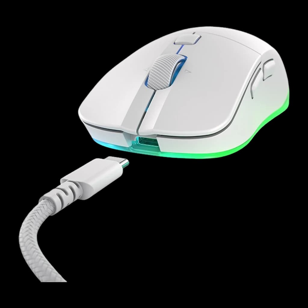 Cherry Xtrfy M50 Wireless blanco, vista lateral con cable USB-C: RGB verde y azul, rueda con iluminación