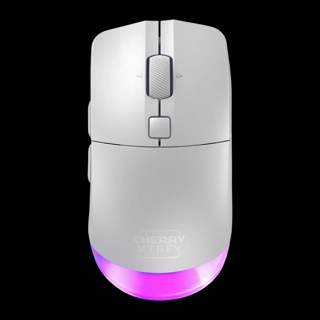 Cherry Xtrfy M50 Wireless blanco, vista superior: rueda texturizada, botón DPI y RGB morado en la base