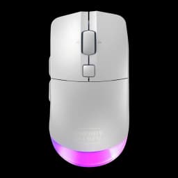 Cherry Xtrfy M50 Wireless blanco, vista superior: rueda texturizada, botón DPI y RGB morado en la base