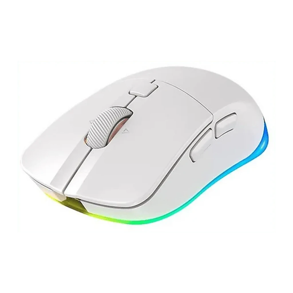 Cherry Xtrfy M50 Wireless blanc, vue dessus: molette texturée, bouton DPI et RGB violet sur la base - Ítem2