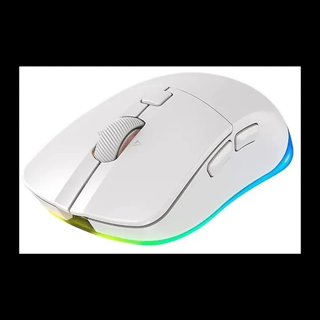 Cherry Xtrfy M50 Wireless blanco, vista superior en ángulo: iluminación RGB perimetral, rueda texturizada y botones