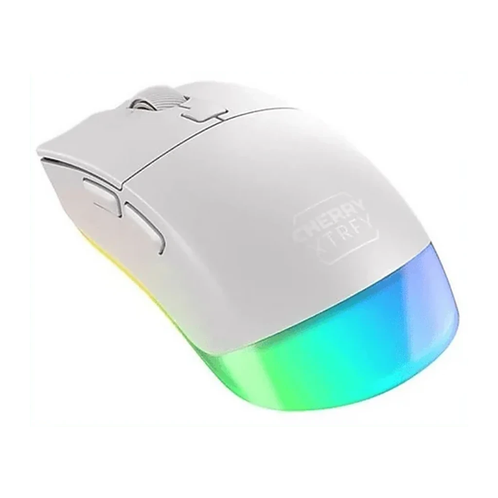 Cherry Xtrfy M50 Wireless blanc, vue dessus: molette texturée, bouton DPI et RGB violet sur la base - Ítem3