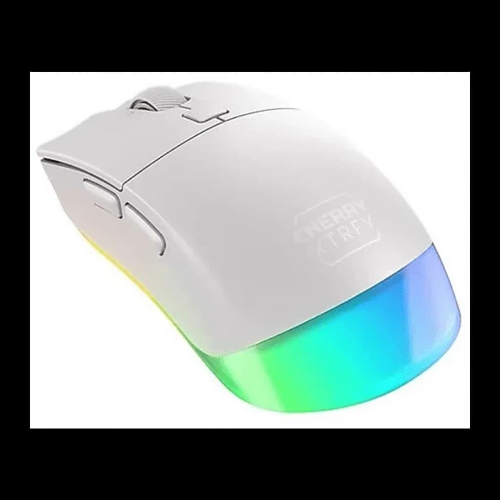 Cherry Xtrfy M50 Wireless blanco, vista lateral-superior: iluminación RGB multicolor en la parte trasera y logo grabado