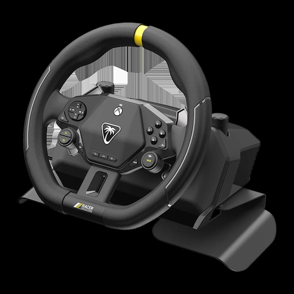 Turtle Beach Racer volant sans fil noir, vue 3/4 avant: volant avec bande jaune, hub boutons Xbox et logo palmier sur socle