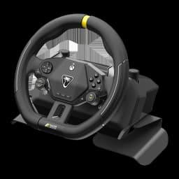 Turtle Beach Racer volant sans fil noir, vue 3/4 avant: volant avec bande jaune, hub boutons Xbox et logo palmier sur socle