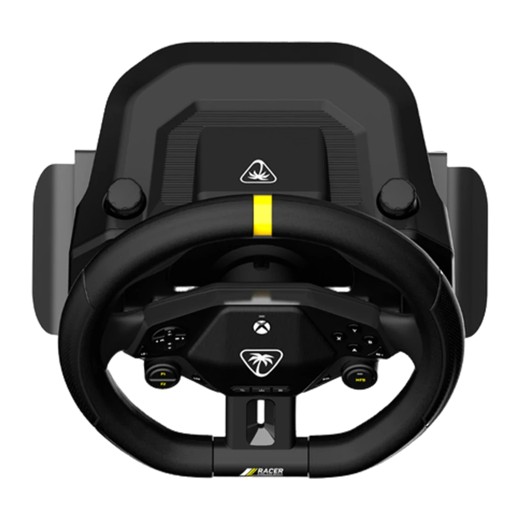 Turtle Beach Racer volant sans fil noir, vue 3/4 avant: volant avec bande jaune, hub boutons Xbox et logo palmier sur socle - Ítem1