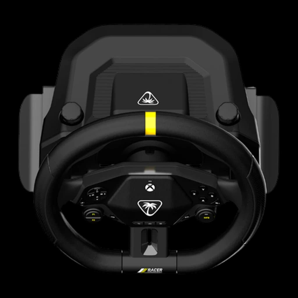Turtle Beach Racer volant sans fil noir, vue du dessus: base avec logo palmier, volant bande jaune et hub Xbox vu de haut