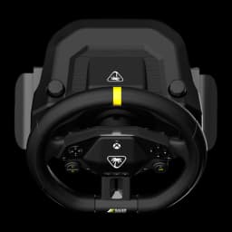 Turtle Beach Racer volant sans fil noir, vue du dessus: base avec logo palmier, volant bande jaune et hub Xbox vu de haut
