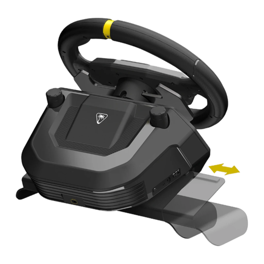 Turtle Beach Racer volant sans fil noir, vue 3/4 avant: volant avec bande jaune, hub boutons Xbox et logo palmier sur socle - Ítem2
