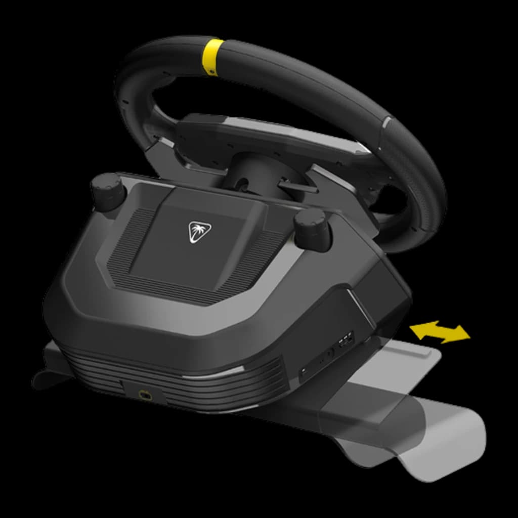Turtle Beach Racer volant sans fil noir, vue arrière inférieure: base logo palmier, pédale amovible avec flèche jaune