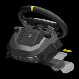 Turtle Beach Racer volant sans fil noir, vue arrière inférieure: base logo palmier, pédale amovible avec flèche jaune