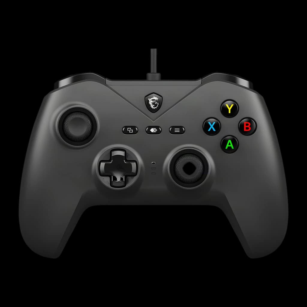 MSI Mando Force GC200 Negro USB, vista frontal: botones ABXY de colores, cruceta, dos sticks y logo dragón MSI