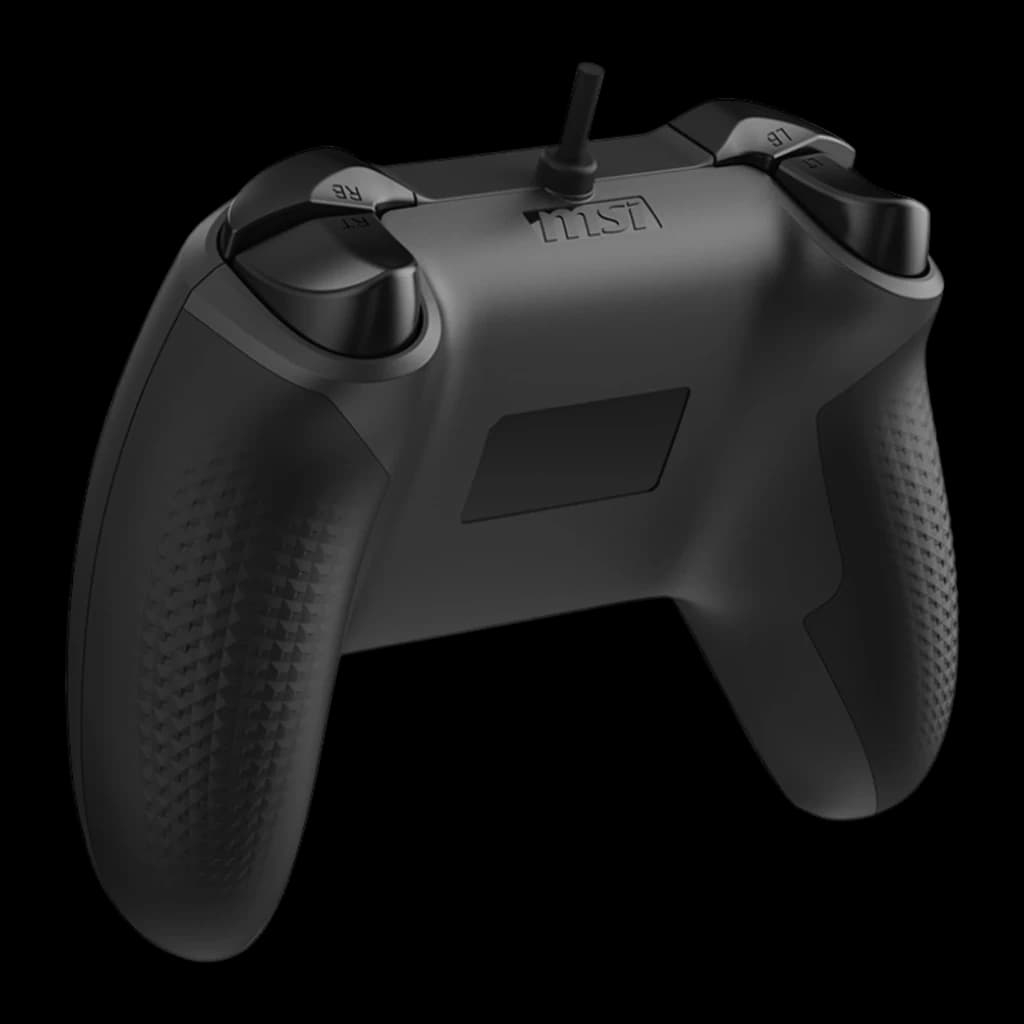 MSI Mando Force GC200 Negro USB, vista trasera en ángulo: logo MSI, gatillos LB LT RT RB y agarres texturizados