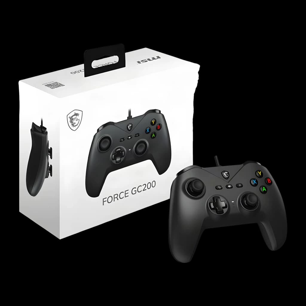 MSI Mando Force GC200 Negro USB, caja y mando: packaging blanco junto al controlador negro con botones de colores y joysticks