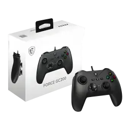 MSI Mando Force GC200 Negro USB, caja y mando: packaging blanco junto al controlador negro con botones de colores y joysticks
