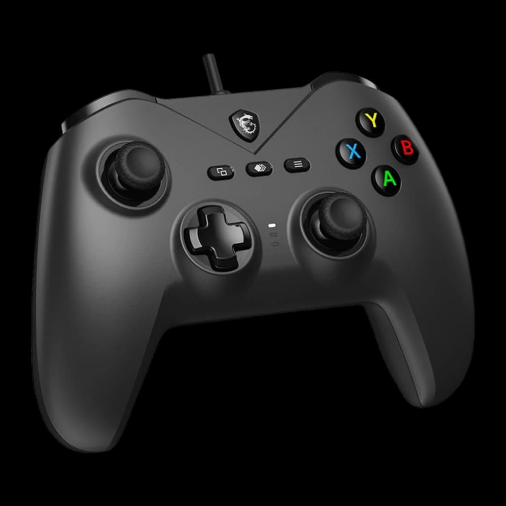 MSI Mando Force GC200 Negro USB, vista frontal en ángulo: joysticks, cruceta, botones ABXY de colores y logo MSI