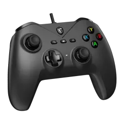 MSI Mando Force GC200 Negro USB, vista frontal en ángulo: joysticks, cruceta, botones ABXY de colores y logo MSI