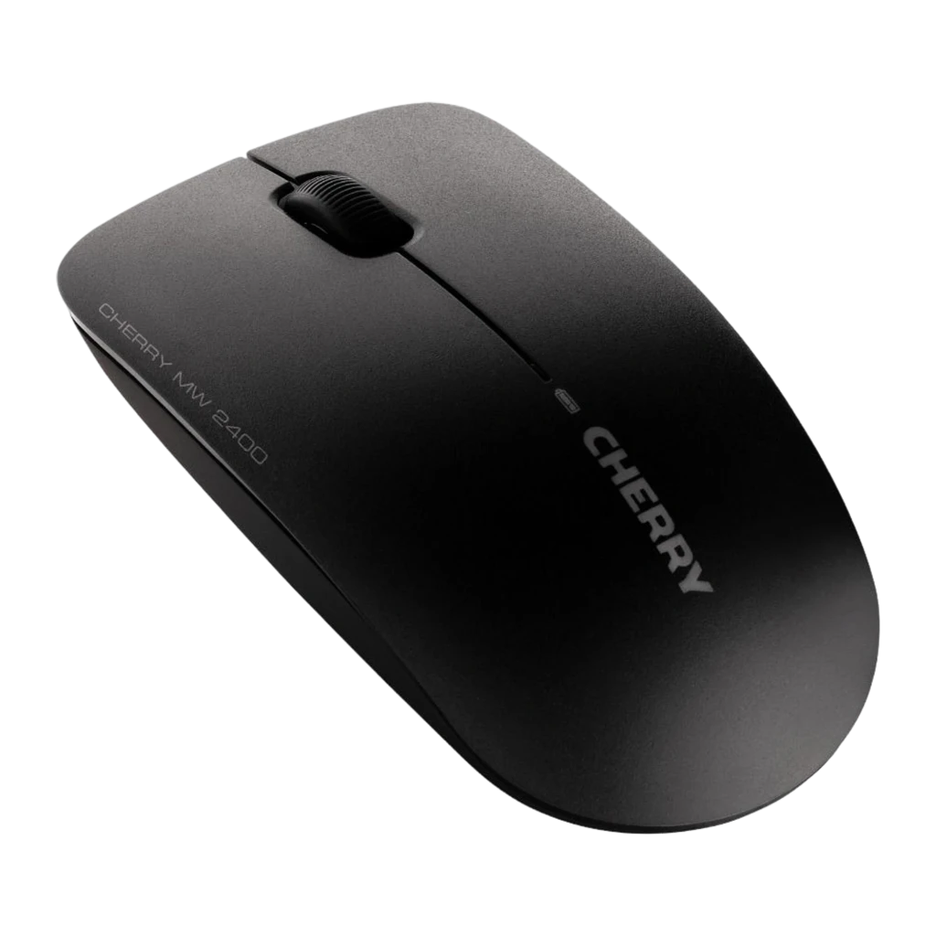 Cherry Souris MW 2400 Wireless noir, vue du dessus: molette centrale, deux boutons et logo Cherry en finition mate - Ítem1