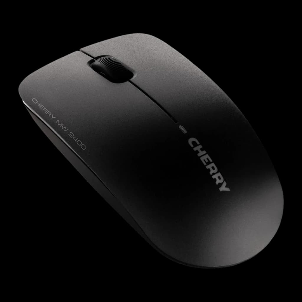 Cherry Ratón MW 2400 Wireless negro, vista en perspectiva: perfil redondeado, rueda y cuerpo completo en ángulo frontal