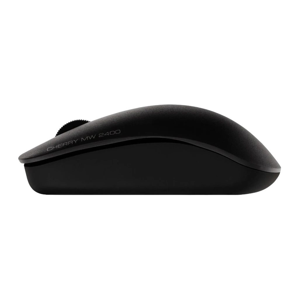 Cherry Souris MW 2400 Wireless noir, vue du dessus: molette centrale, deux boutons et logo Cherry en finition mate - Ítem2