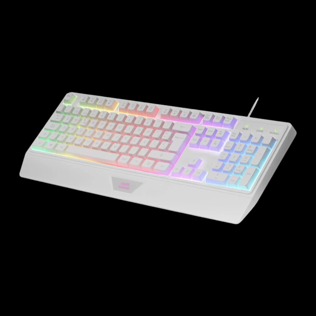 Mars Gaming Combo MCP124 Blanco, vista en perspectiva: ángulo lateral que muestra grosor, reposamanos y RGB multicolor