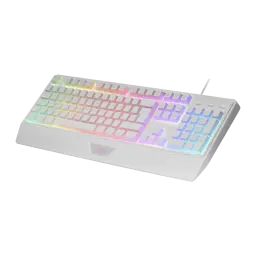 Mars Gaming Combo MCP124 Blanco, vista en perspectiva: ángulo lateral que muestra grosor, reposamanos y RGB multicolor