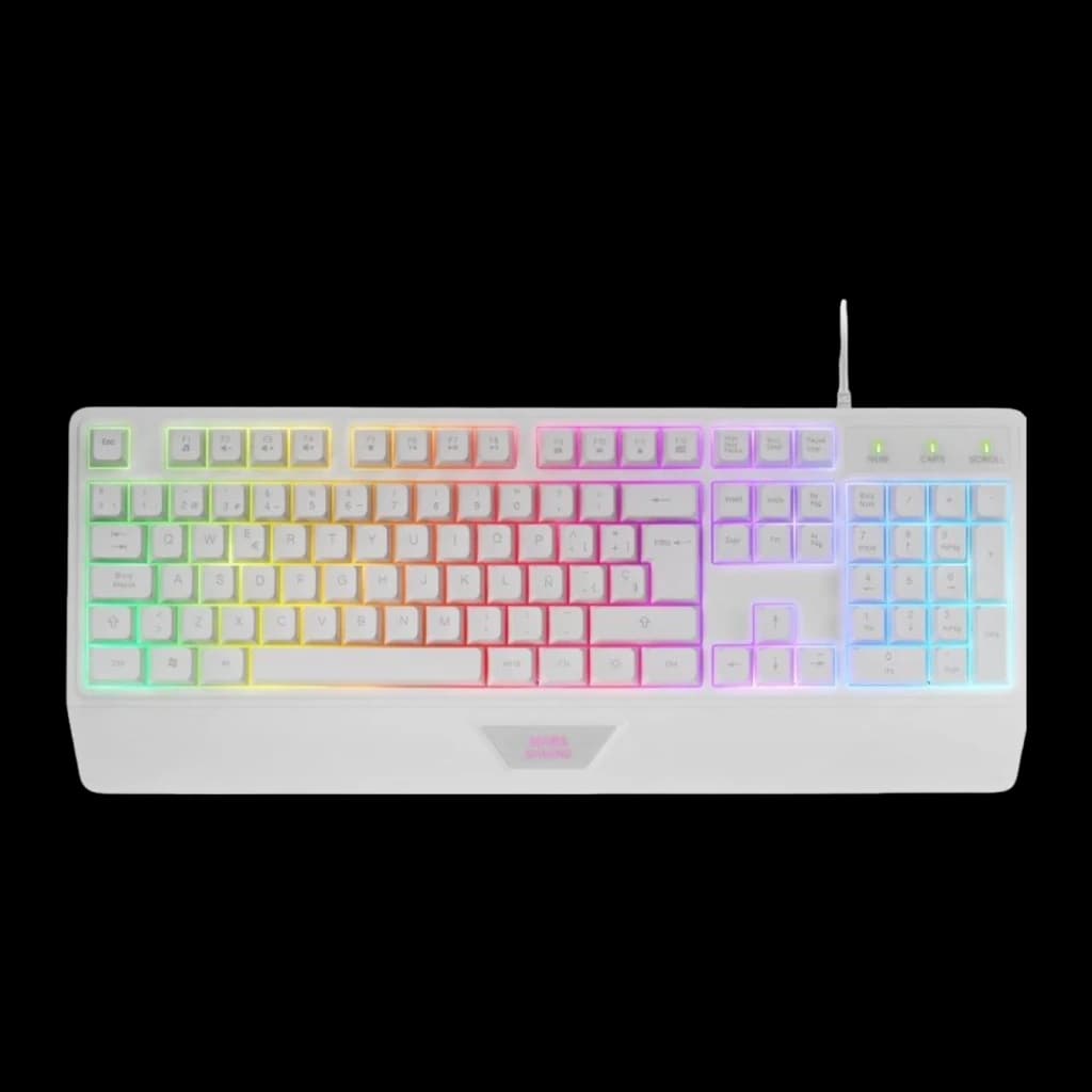 Mars Gaming Combo MCP124 Blanco, vista superior: teclado completo con retroiluminación RGB multicolor y reposamanos