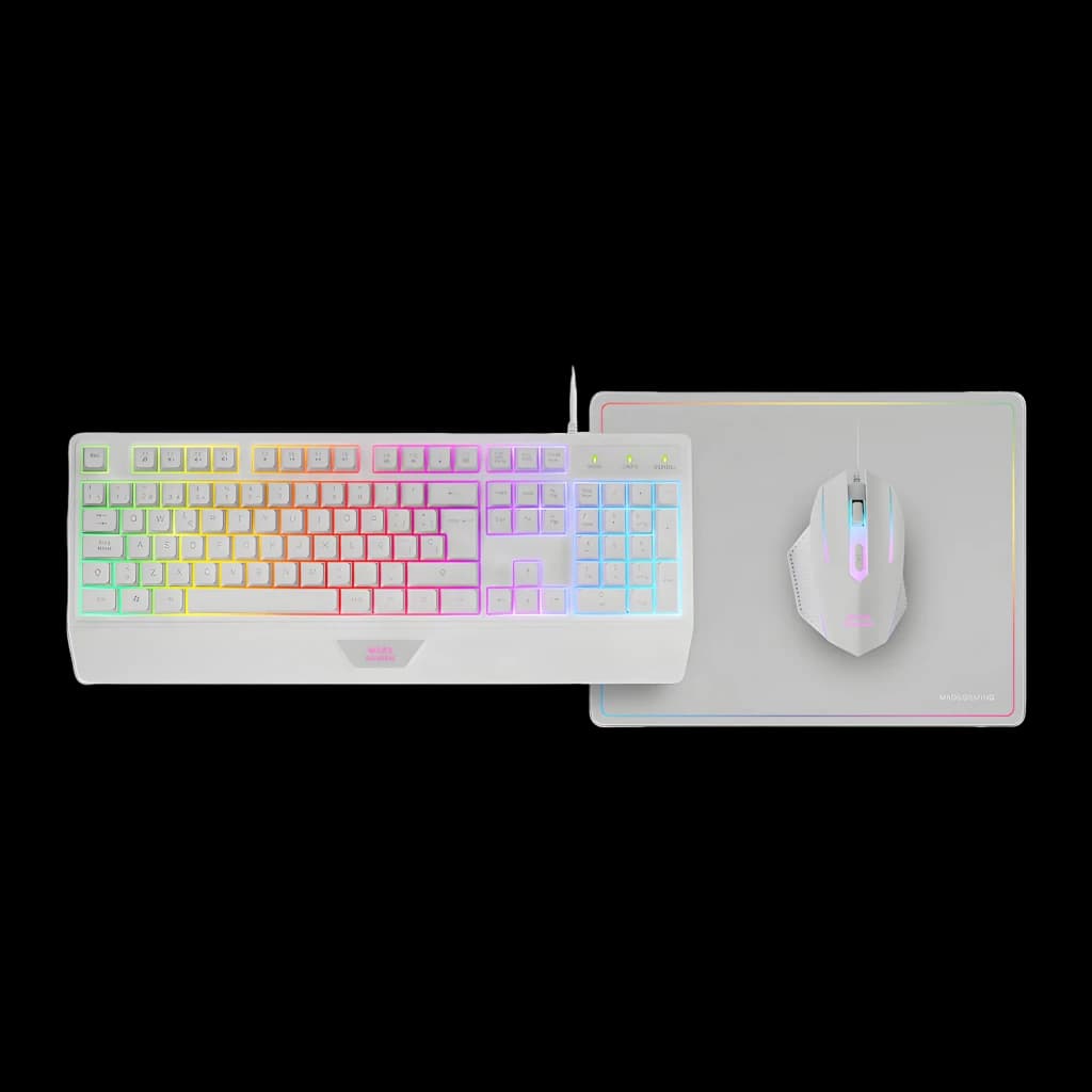 Mars Gaming MCP124 Combo Gaming Blanco, vista superior: teclado con retroiluminación RGB, ratón y alfombrilla blancos