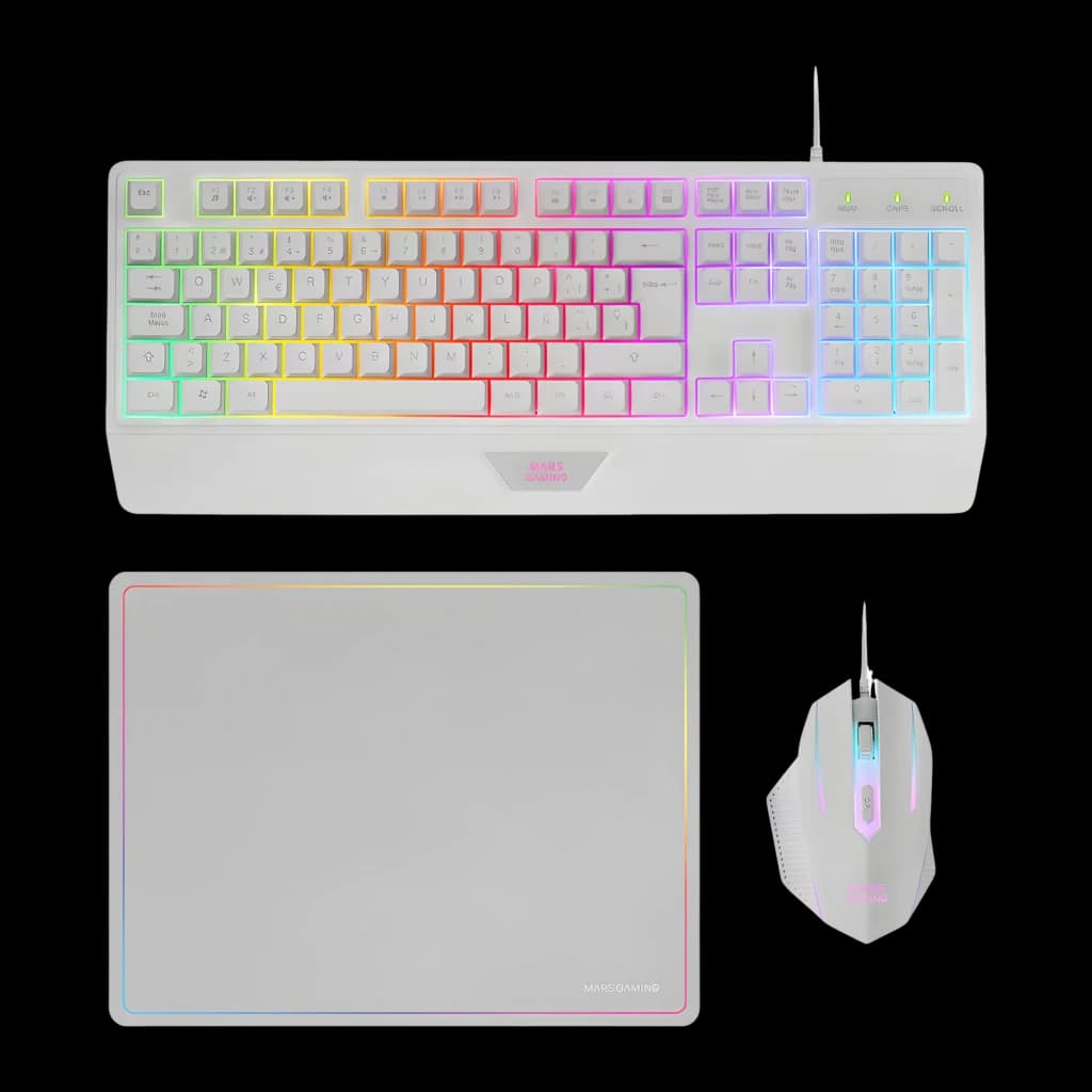 Mars Gaming Combo MCP124 Blanco, vista superior: teclado, ratón y alfombrilla con iluminación RGB multicolor