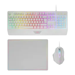 Mars Gaming Combo MCP124 Blanco, vista superior: teclado, ratón y alfombrilla con iluminación RGB multicolor