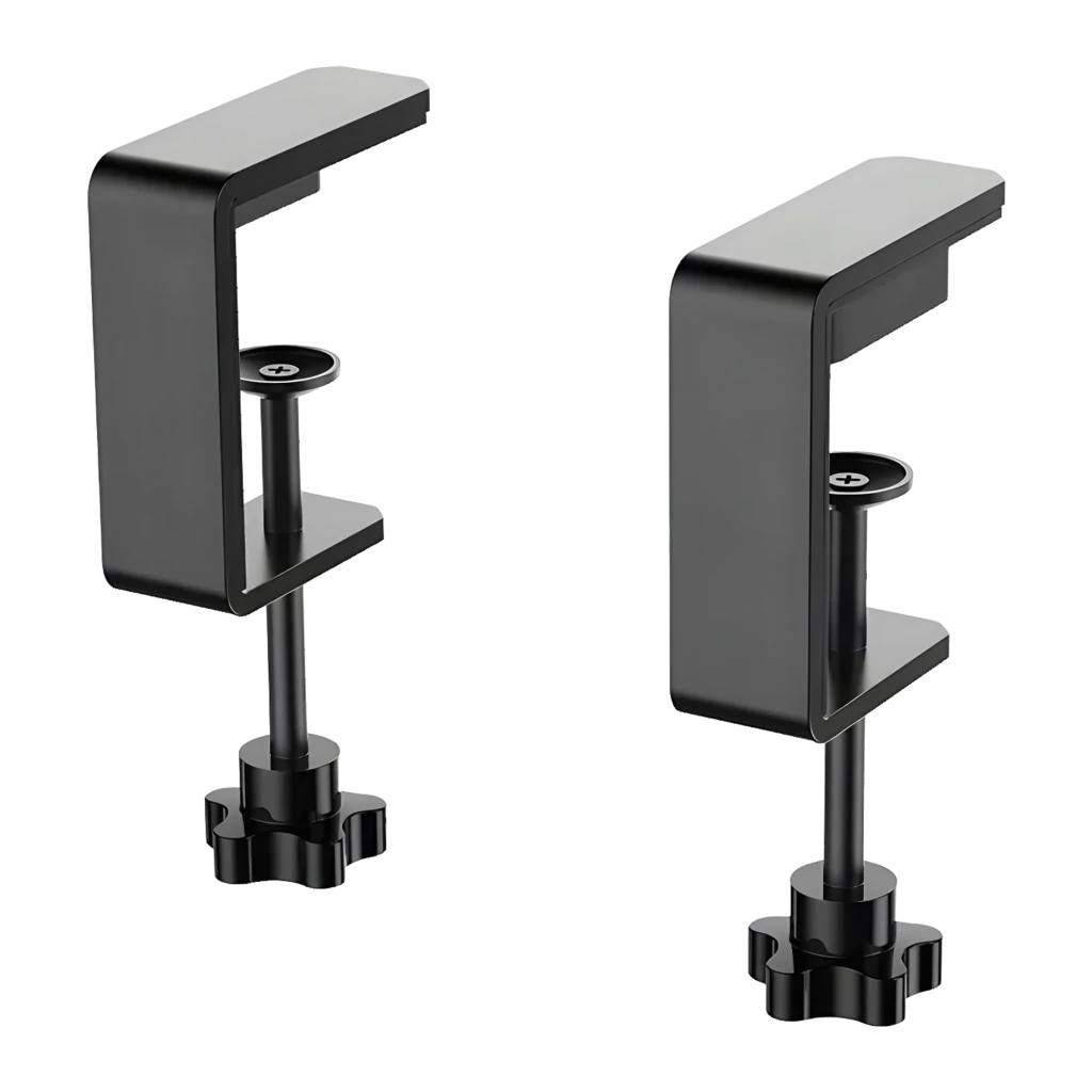 Moza Racing Table Clamp for Yoke Negro, vista isométrica: dos abrazaderas en C con tornillo de apriete y perilla inferior