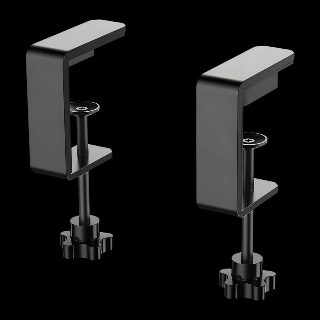 Moza Racing Table Clamp for Yoke Negro, vista isométrica: dos abrazaderas en C con tornillo de apriete y perilla inferior