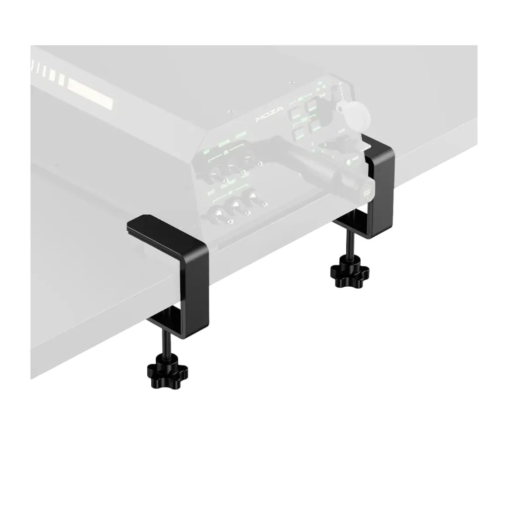 Moza Racing Abrazadera de mesa para Yoke negro, vista contextual: dos pinzas negras sujetas al borde de mesa con yoke