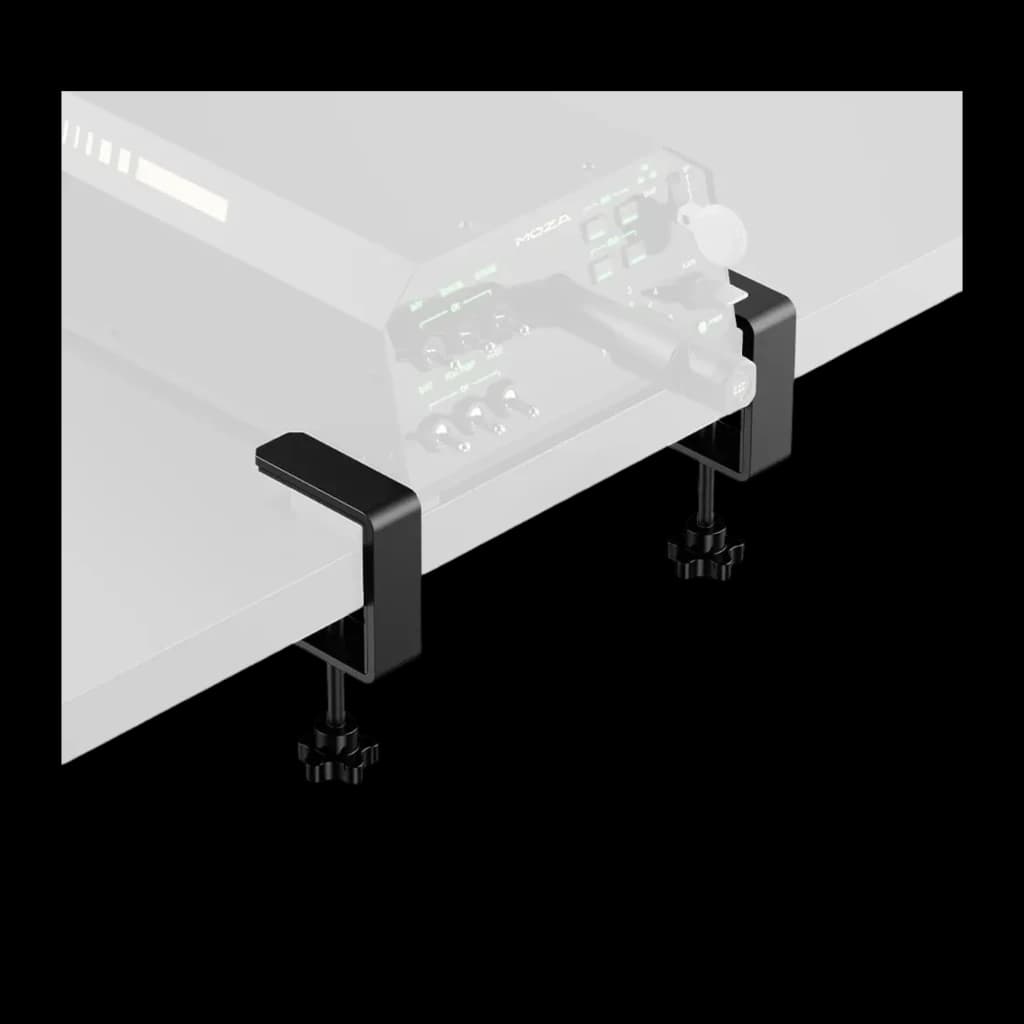 Moza Racing Abrazadera de mesa para Yoke negro, vista contextual: dos pinzas negras sujetas al borde de mesa con yoke