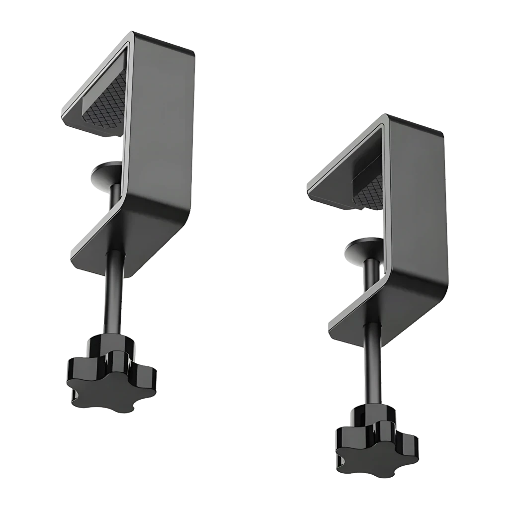 Moza Racing Table Clamp for Yoke negro, vista en perspectiva: dos abrazaderas con tornillo de apriete y superficie