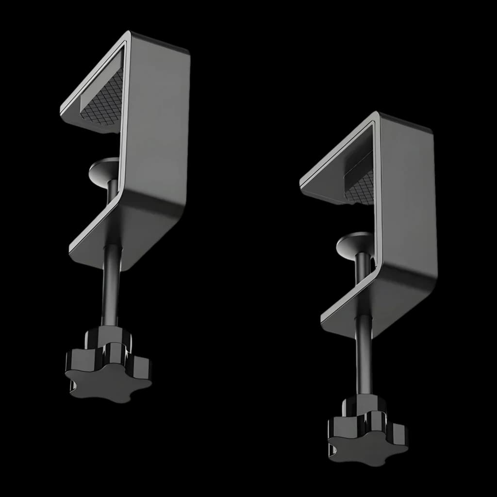 Moza Racing Table Clamp for Yoke negro, vista en perspectiva: dos abrazaderas con tornillo de apriete y superficie