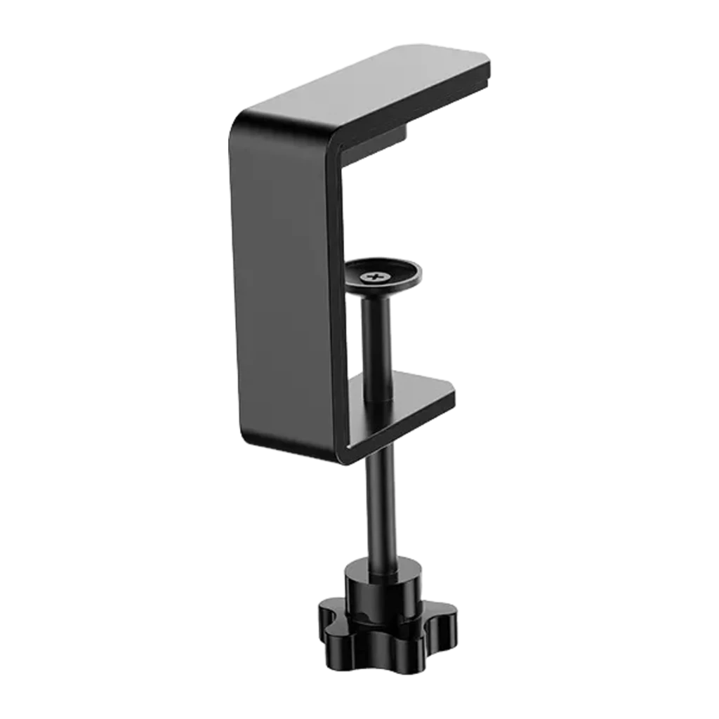Moza Racing Abrazadera de mesa para Yoke negro, vista lateral: una pinza en forma de C con tornillo central y rueda