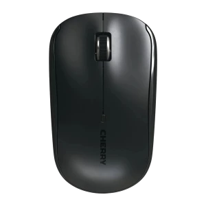 CHERRY Souris sans fil MW 2200 noir, vue du dessus: molette centrale texturée, boutons et logo CHERRY en bas