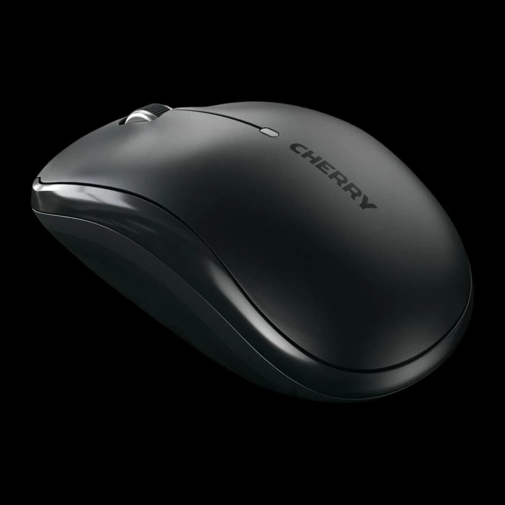 CHERRY Ratón inalámbrico MW 2200 negro, vista lateral: perfil ergonómico, rueda plateada y logo CHERRY en la cubierta mate